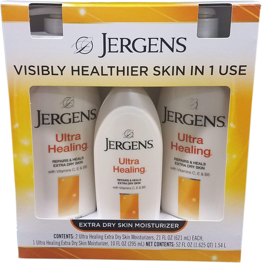 Jergens Ultra Healing lotion bottle deeply hydrates dry skin for smoother elbows, heels, and knees.
