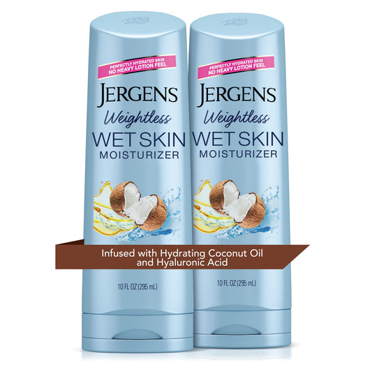 Jergens Wet Skin Coconut Oil bottle for quick hydration on wet skin.