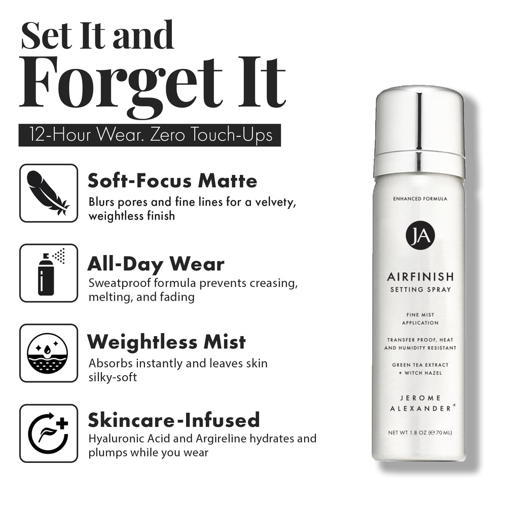 Jerome Alexander AirFinish Setting Spray for long-lasting finish.