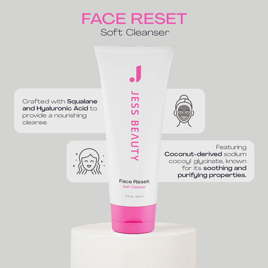 Jess Beauty Face Reset Cleanser pump bottle enables easy, controlled dispensing.