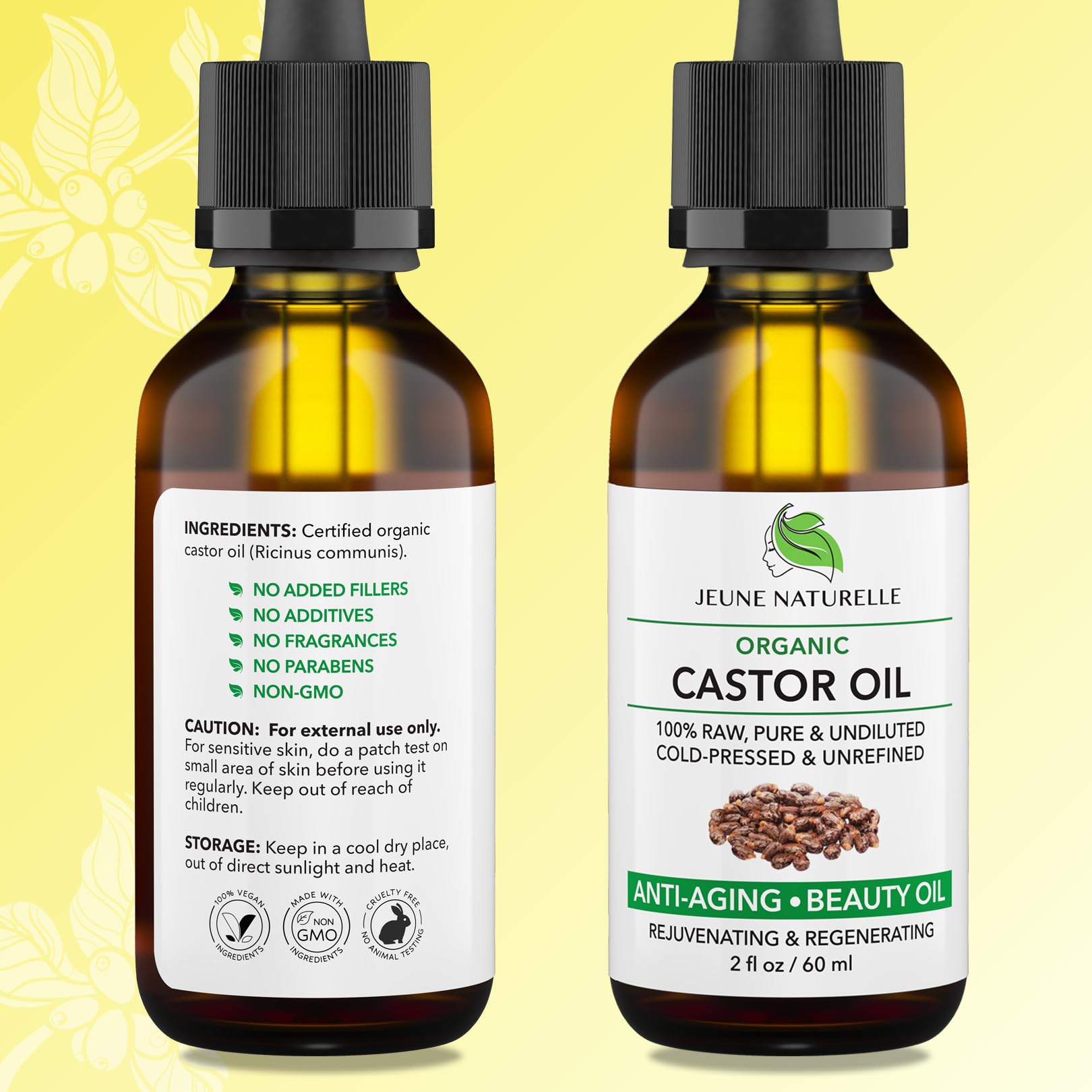 Jeune Naturelle Castor Oil glass bottle emphasizes pure, hexane-free oil.