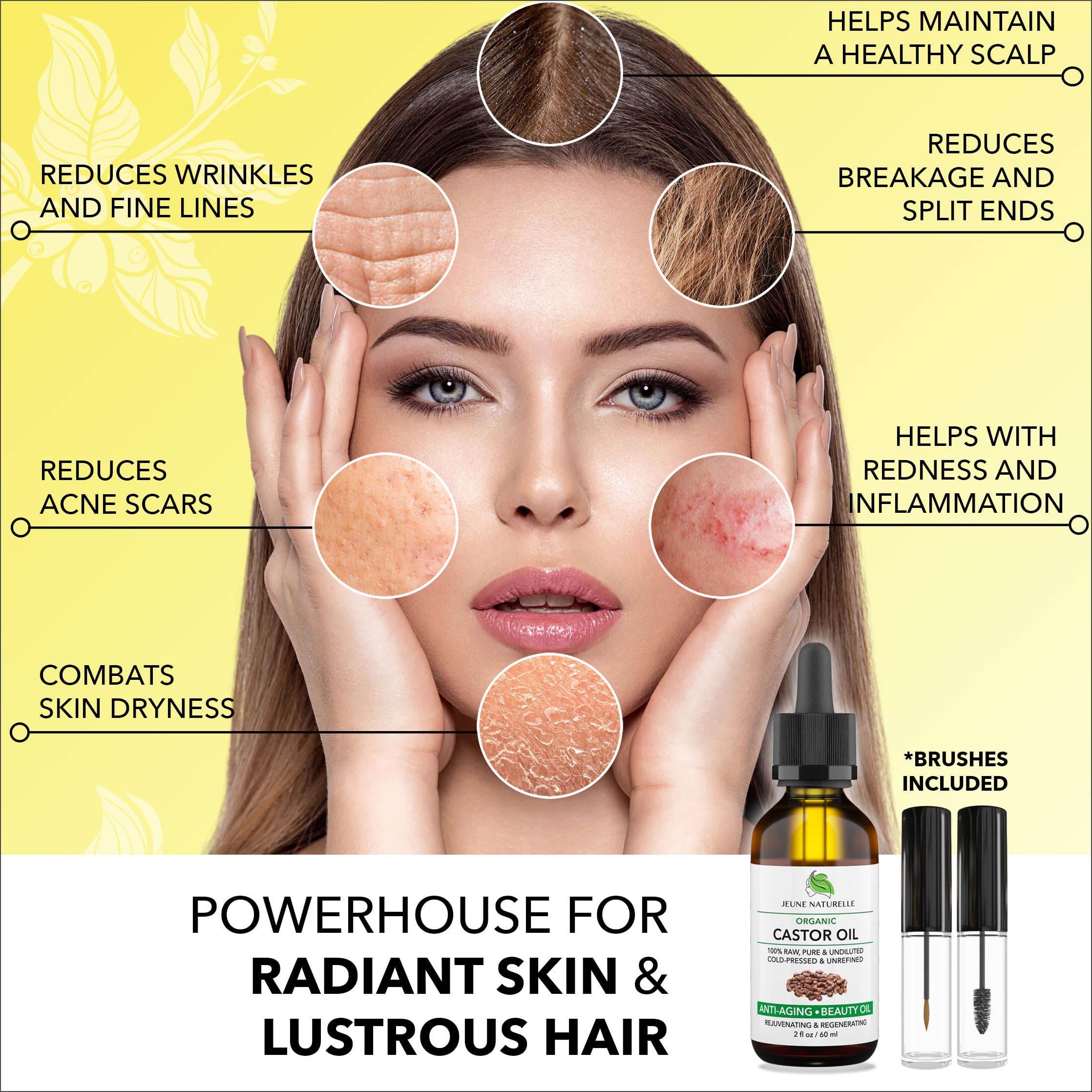 Jeune Naturelle Castor Oil ingredients highlighting organic, cold-pressed nourishment.