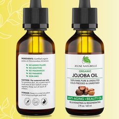 Jeune Naturelle Jojoba Oil label front highlights organic, cold-pressed, unrefined purity.