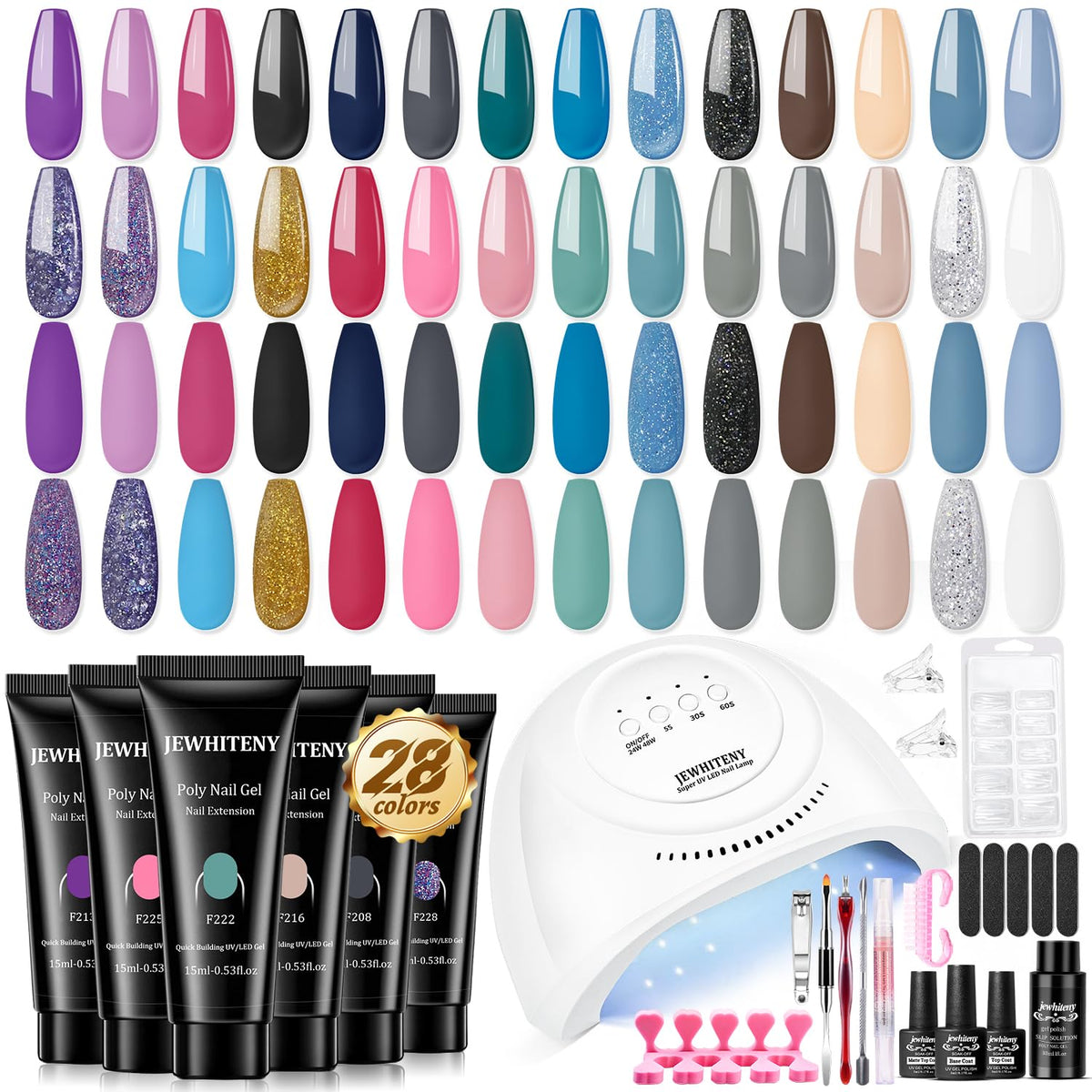 JEWHITENY 28-color poly nail gel kit setup for at-home manicure with UV lamp.