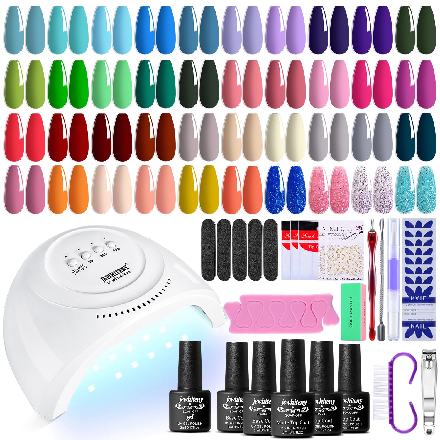 JEWHITENY 45-piece gel nail kit with 48W lamp for salon-quality nails at home