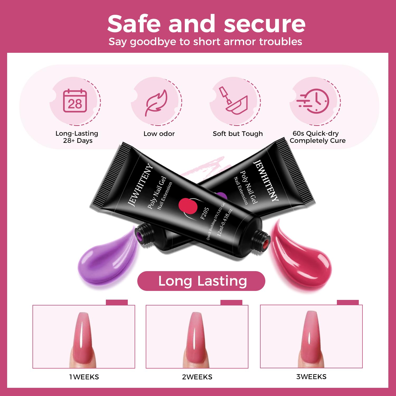 JEWHITENY base and top coats included ensure lasting nail gel adhesion.