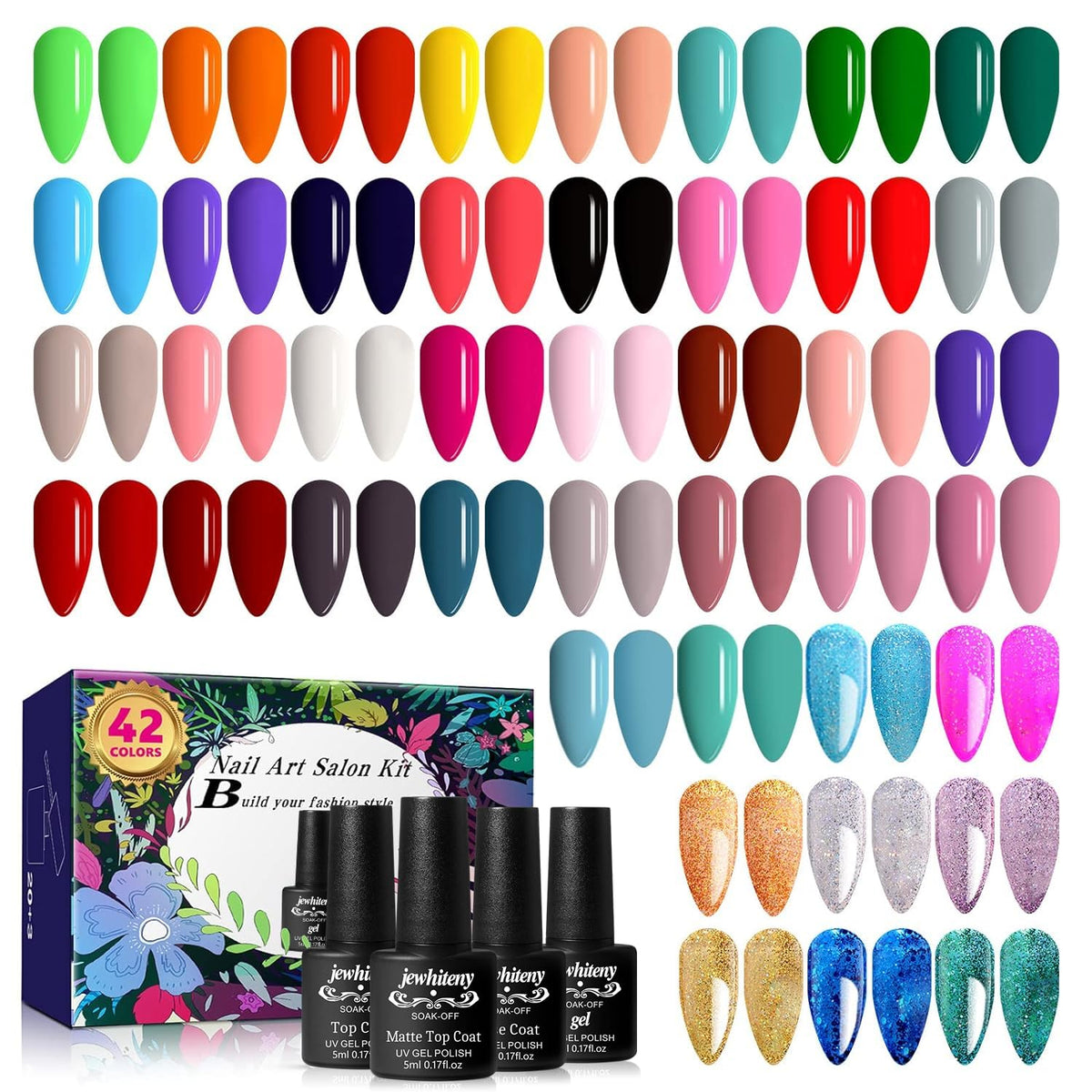JEWHITENY 42-color gel polish kit with 5ml bottles for versatile manicure looks.