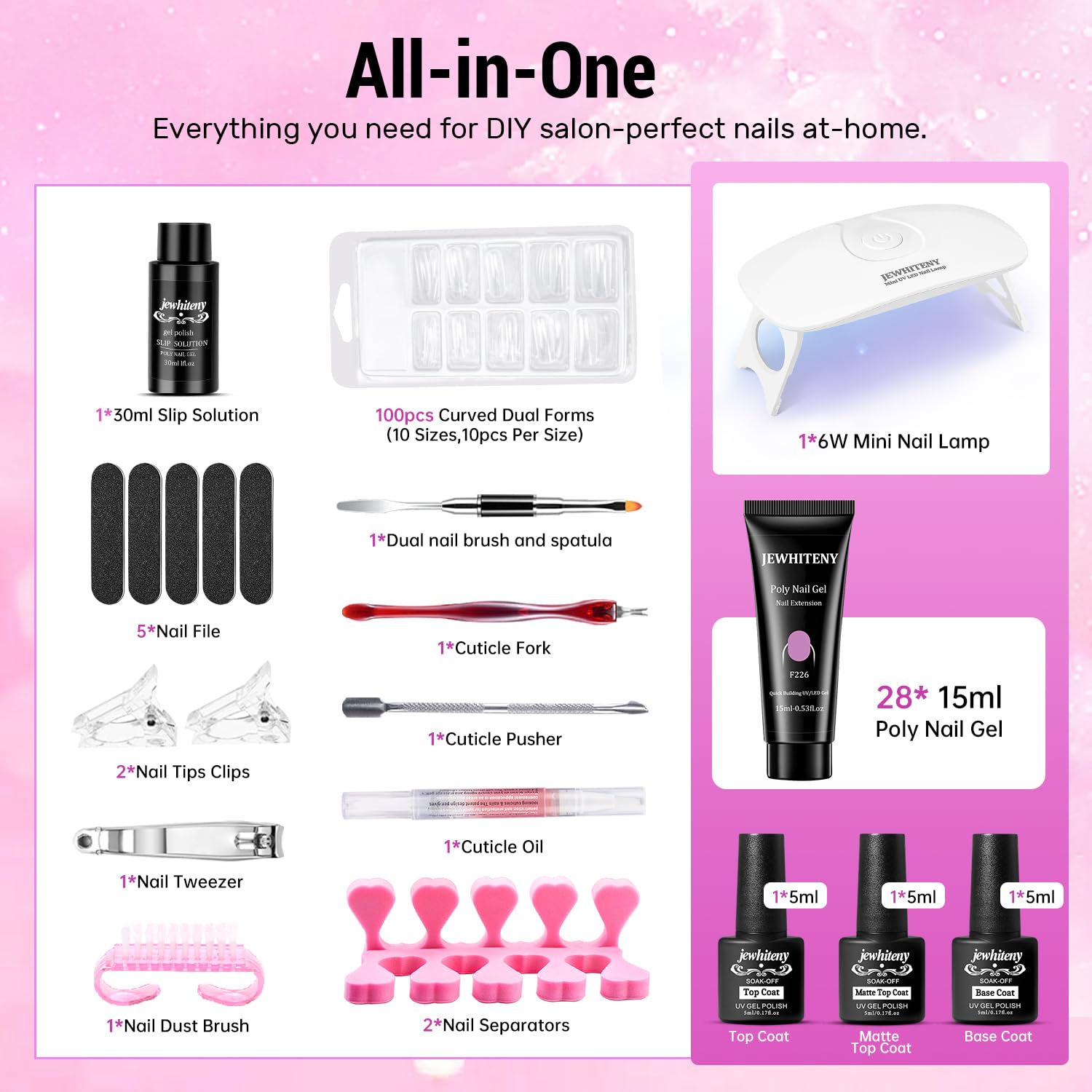 JEWHITENY nail lamp with base and top coats for quick cure and shine