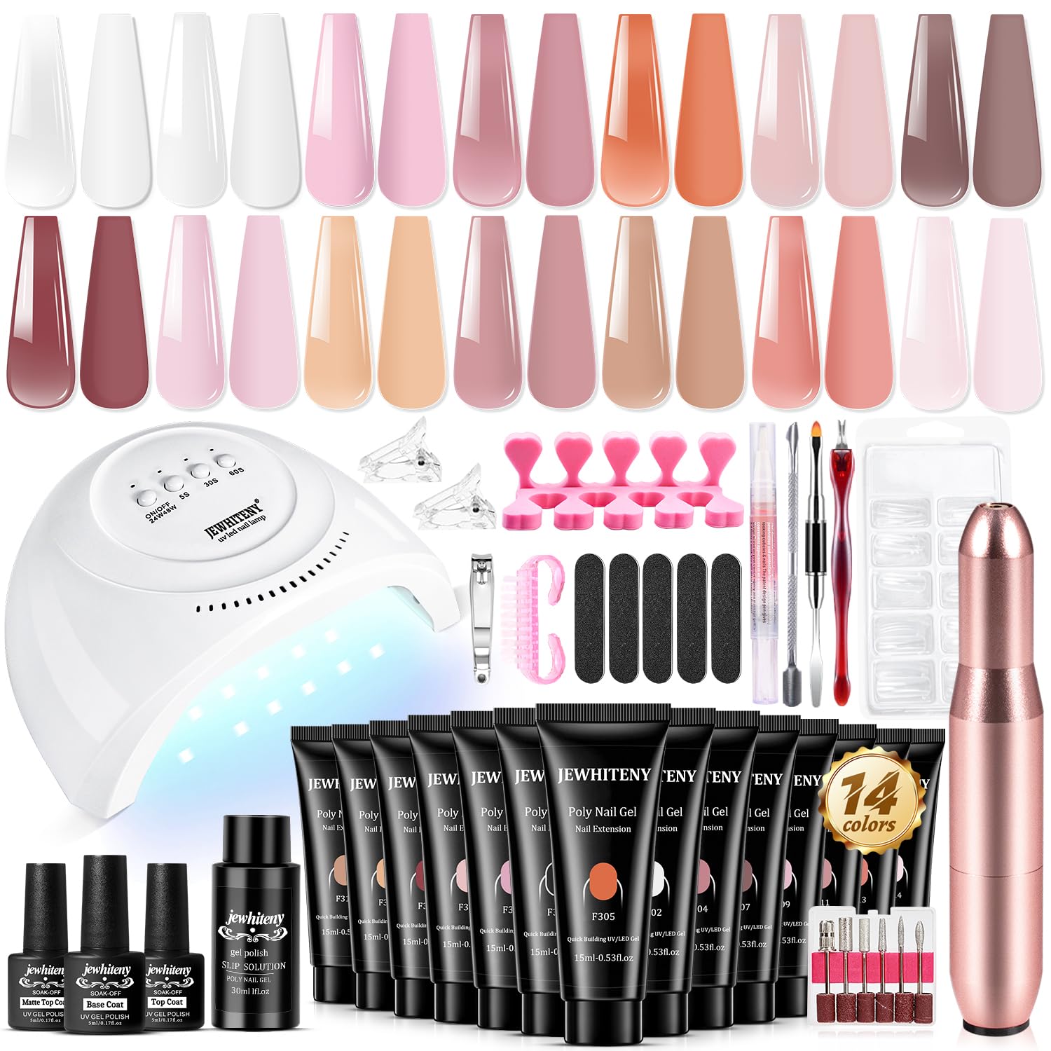 JEWHITENY poly gel kit with 14 colors and lamp for at-home salon-quality nails.