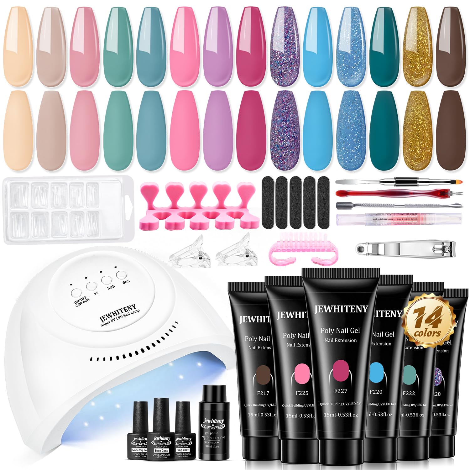 JEWHITENY poly gel nail kit 14 colors color swatches for versatile fashion looks.