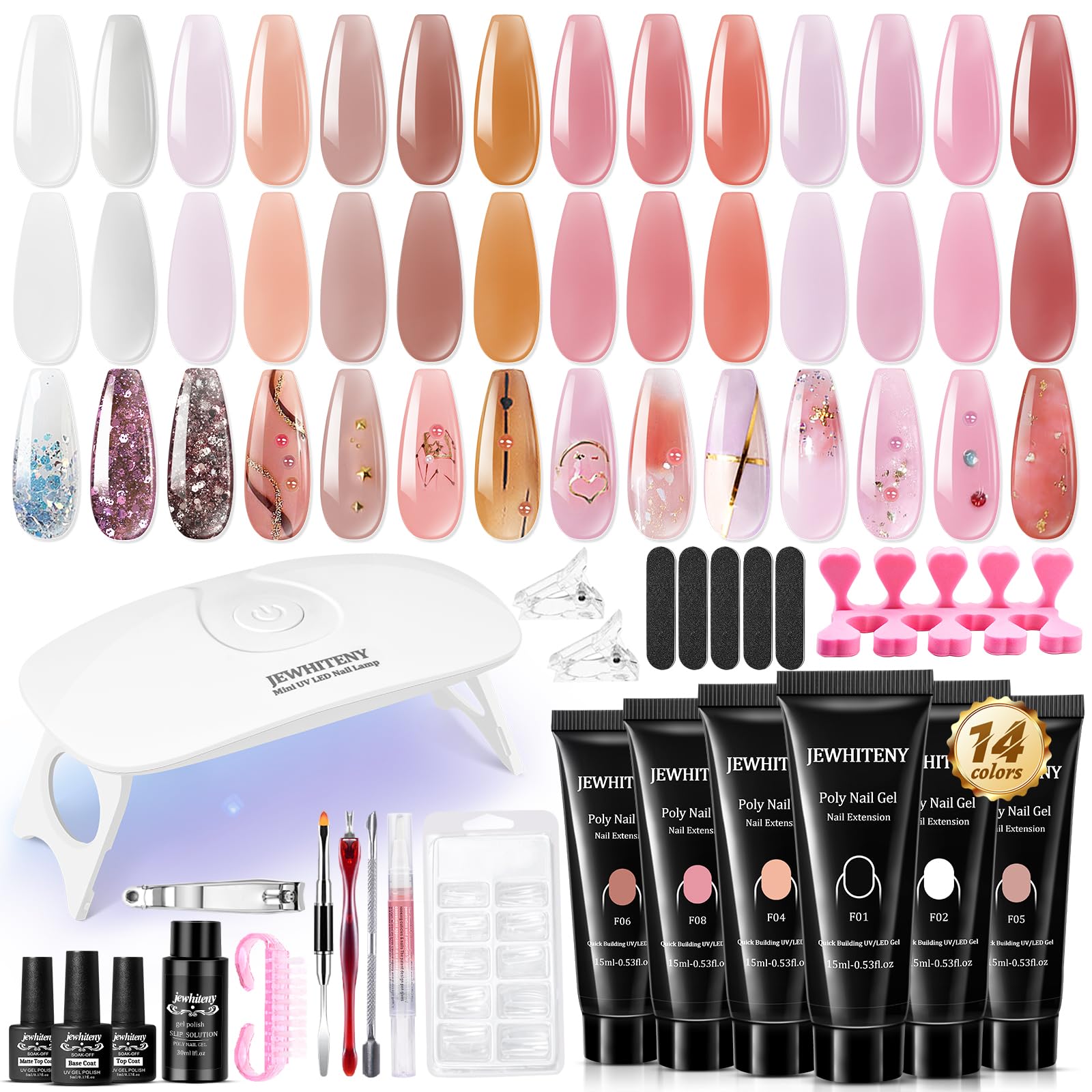 JEWHITENY poly nail gel kit contents with 14 colors and tools for at-home nail extensions