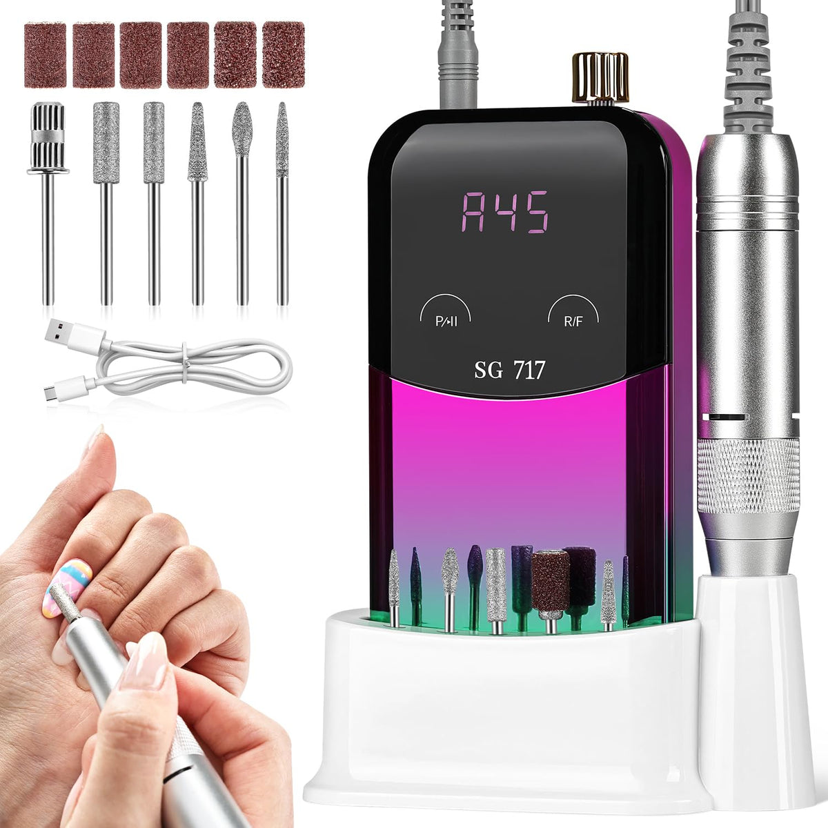 JEWHITENY SG717 portable nail drill with visual display for precise speed and battery status.