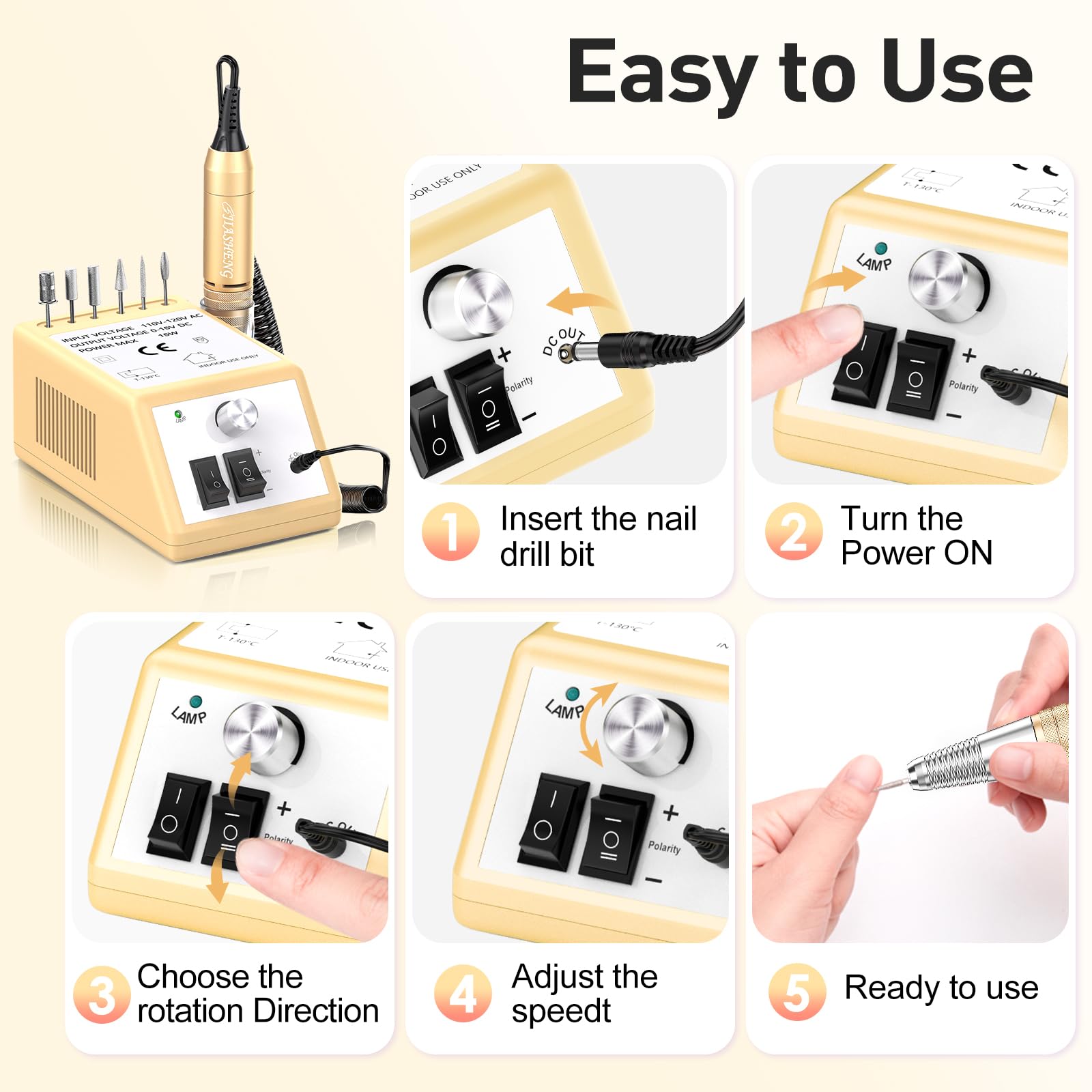 Jiasheng six drill bits set for shaping, polishing, and removing acrylics.