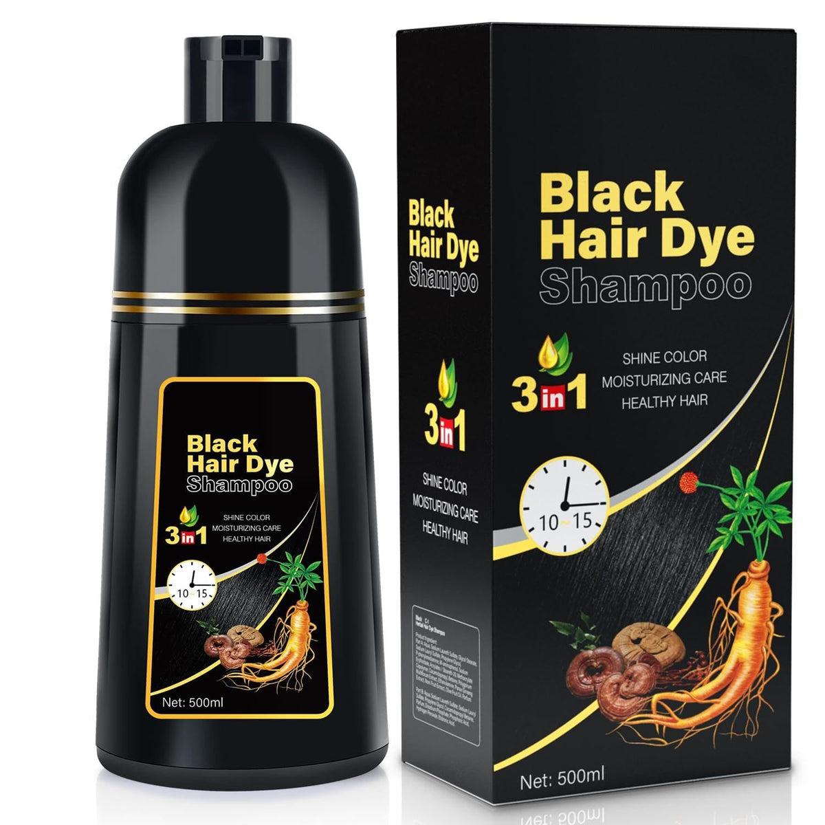 JIESSIA 3-in-1 hair color shampoo bottle showing herbal blend and moisture benefits