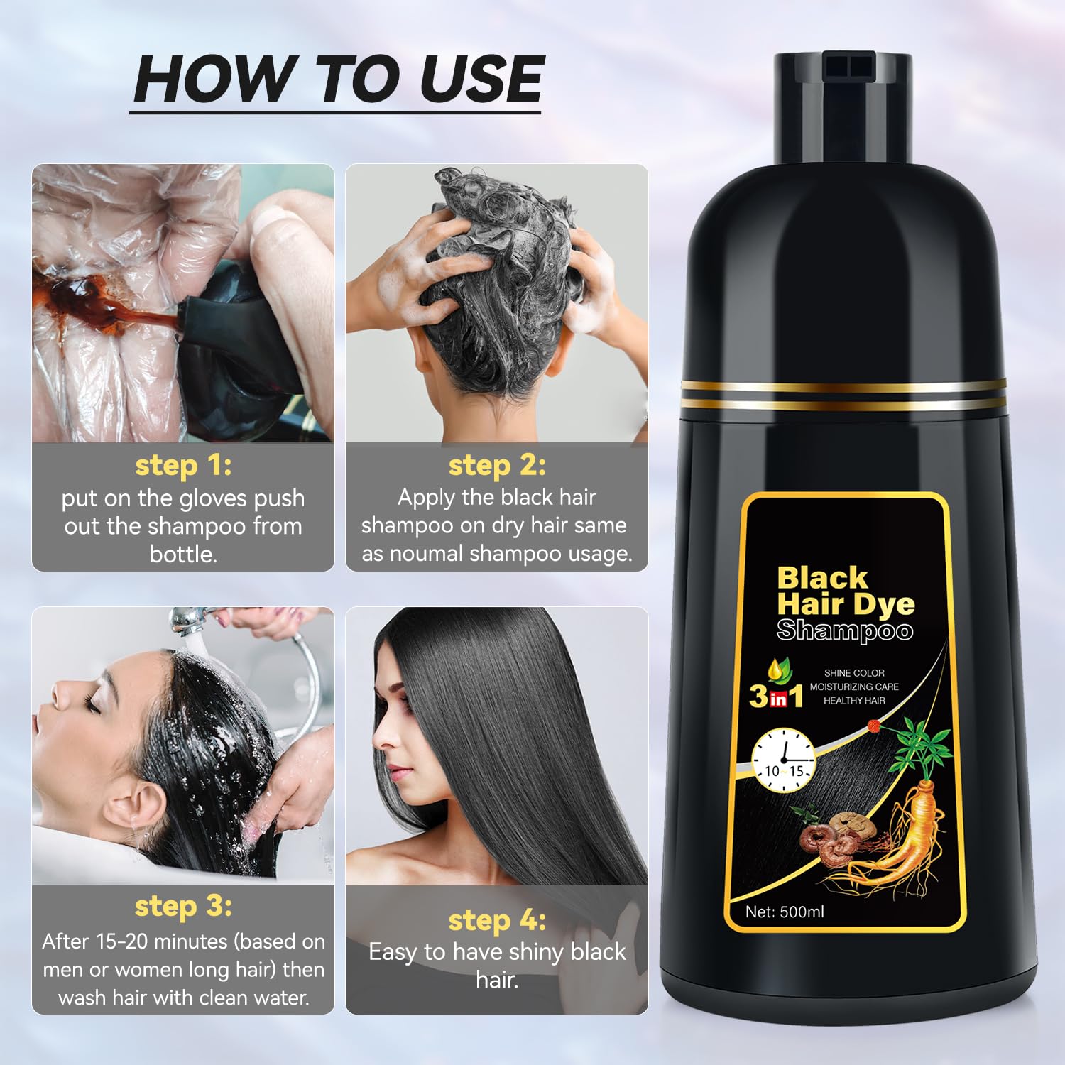 JIESSIA shampoo rinse close-up shows natural gray blending while washing