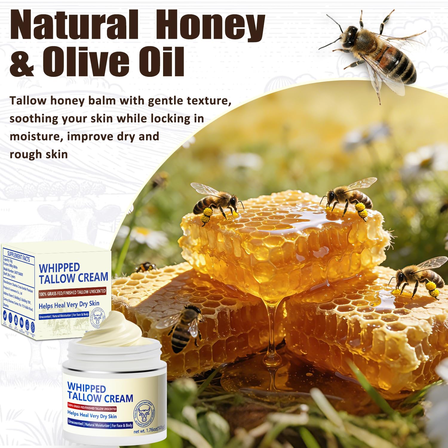 JIIANERY tallow honey balm texture on skin feels light and fast absorbing.