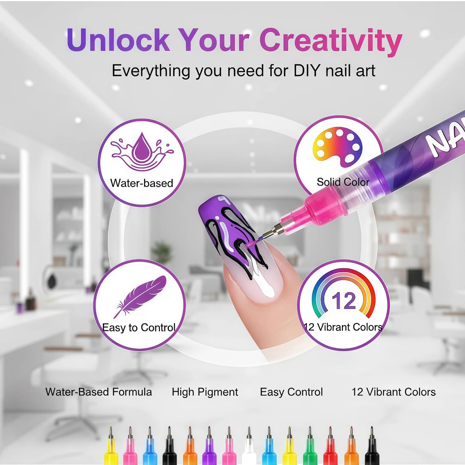 JIJOE Nail Art Pen Set color palette with 12 vibrant hues for bold designs