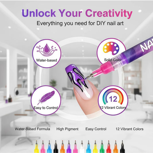 JIJOE Nail Art Pen Set color palette with 12 vibrant hues for bold designs