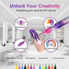 JIJOE Nail Art Pen Set color palette with 12 vibrant hues for bold designs
