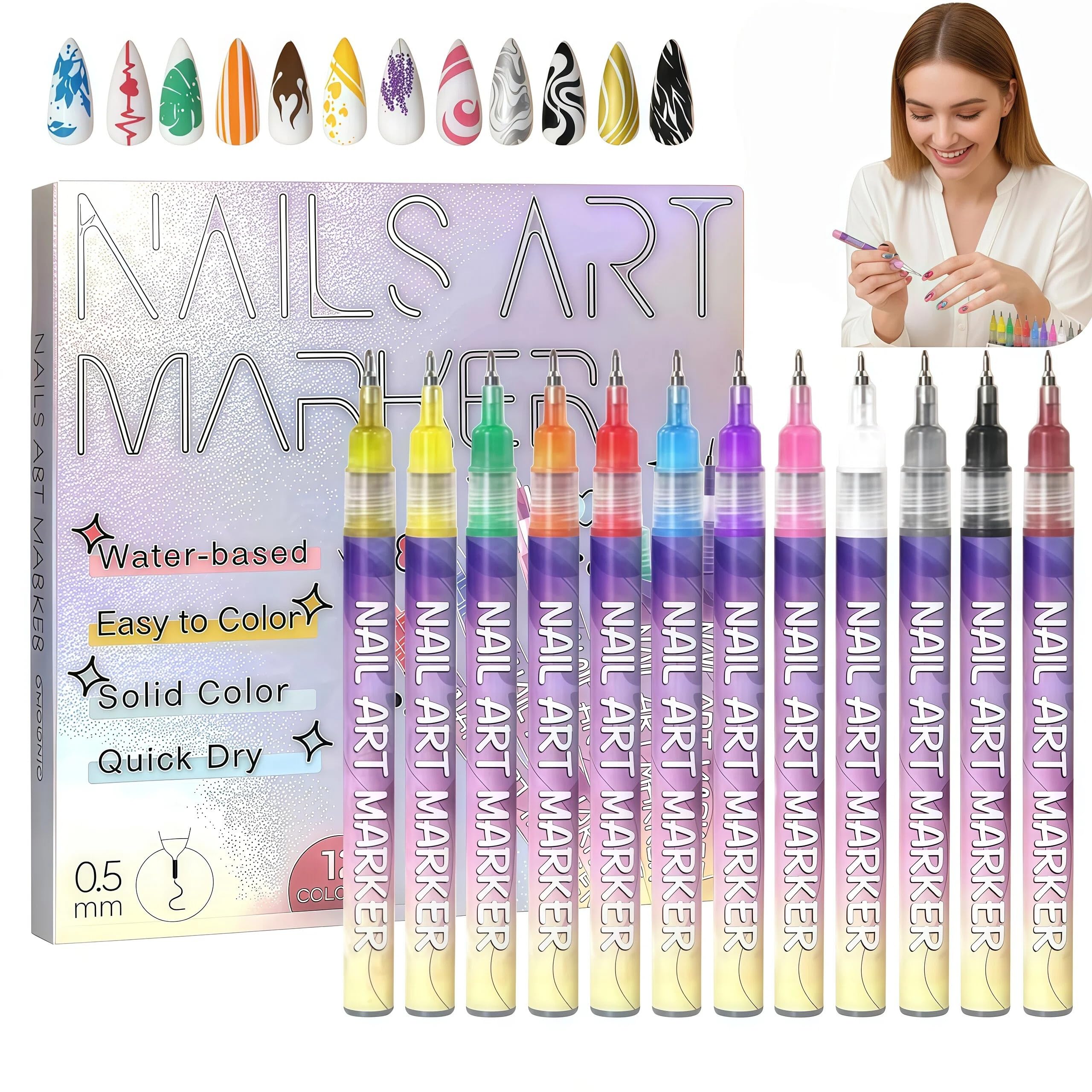 JIJOE Nail Art Pen Set tip close-up showing 0.5mm precision for fine lines