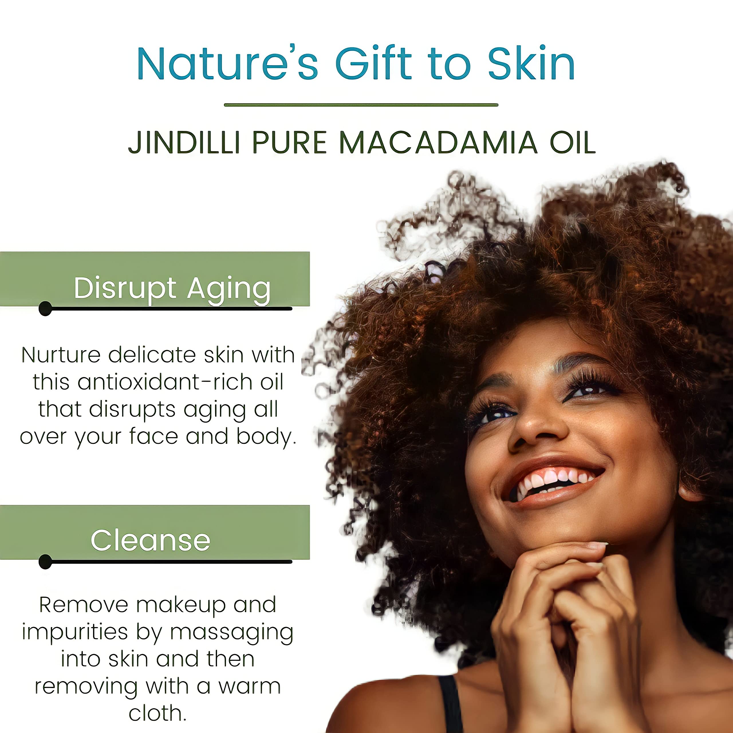 Jindilli Macadamia Oil skin care routine image suggests versatile use.