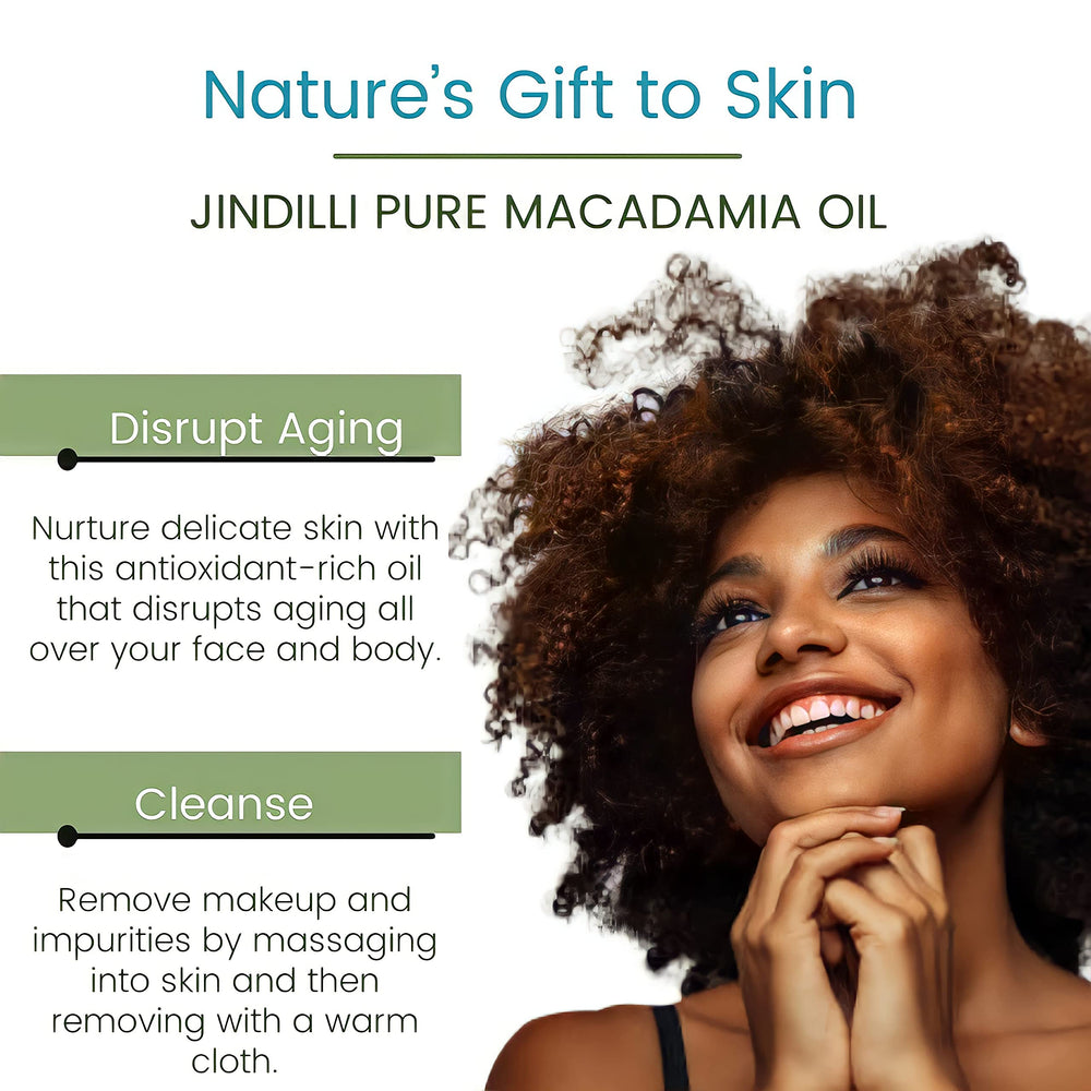 Jindilli Macadamia Oil skin care routine image suggests versatile use.