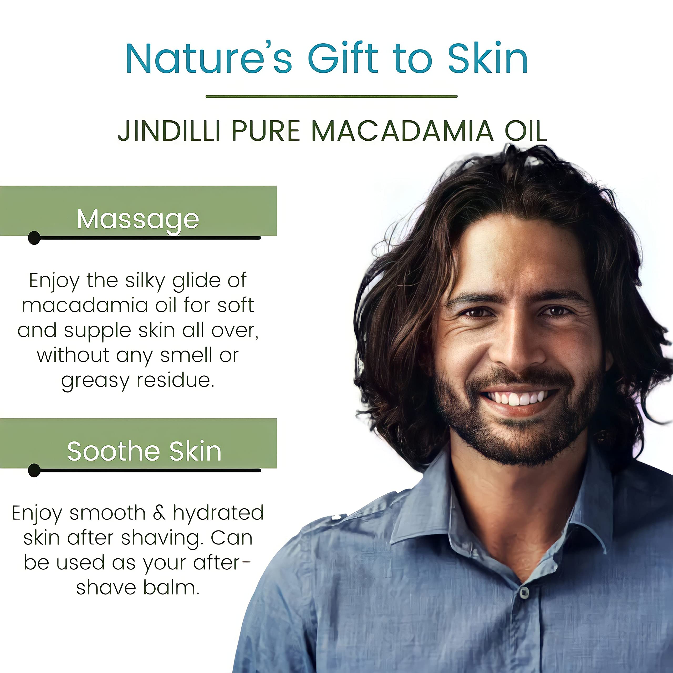 Jindilli Pure Macadamia Oil 1-ingredient formula highlights concentrated nourishment.