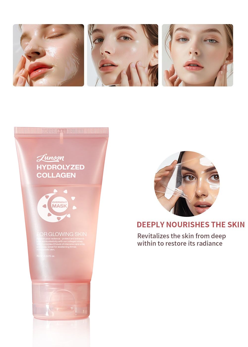 JISKG collagen night wrap face closeup showing hydrated appearance