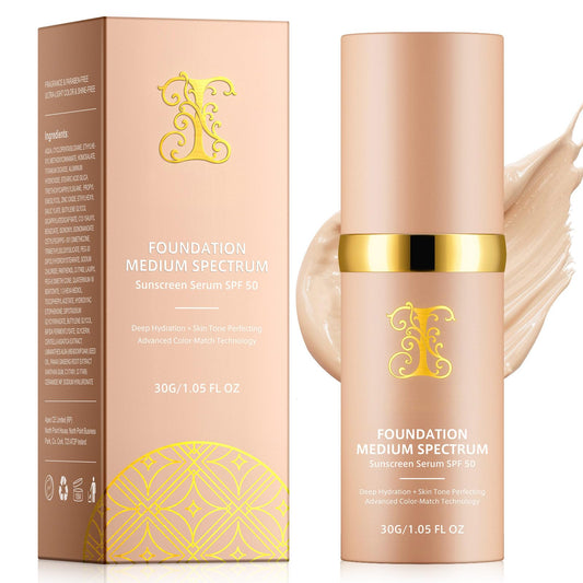 Jiugonggang 4-in-1 foundation bottle close-up with SPF 50+ protection.