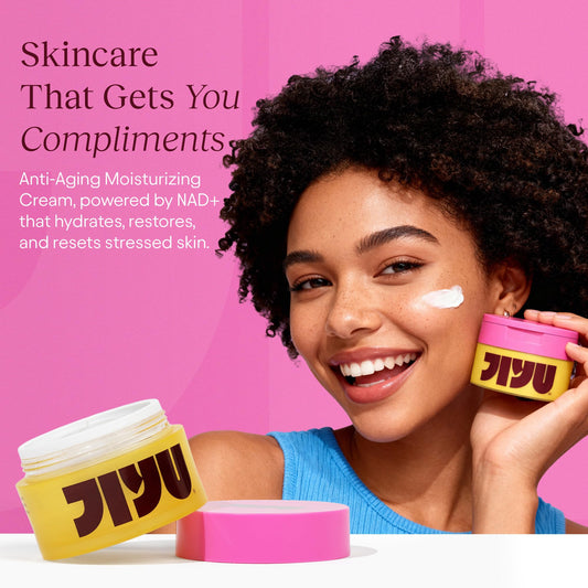 JiYu NAD+ cream close-up with layered hyaluronic acid representation.