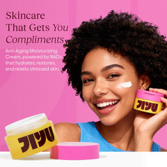 JiYu NAD+ cream close-up with layered hyaluronic acid representation.