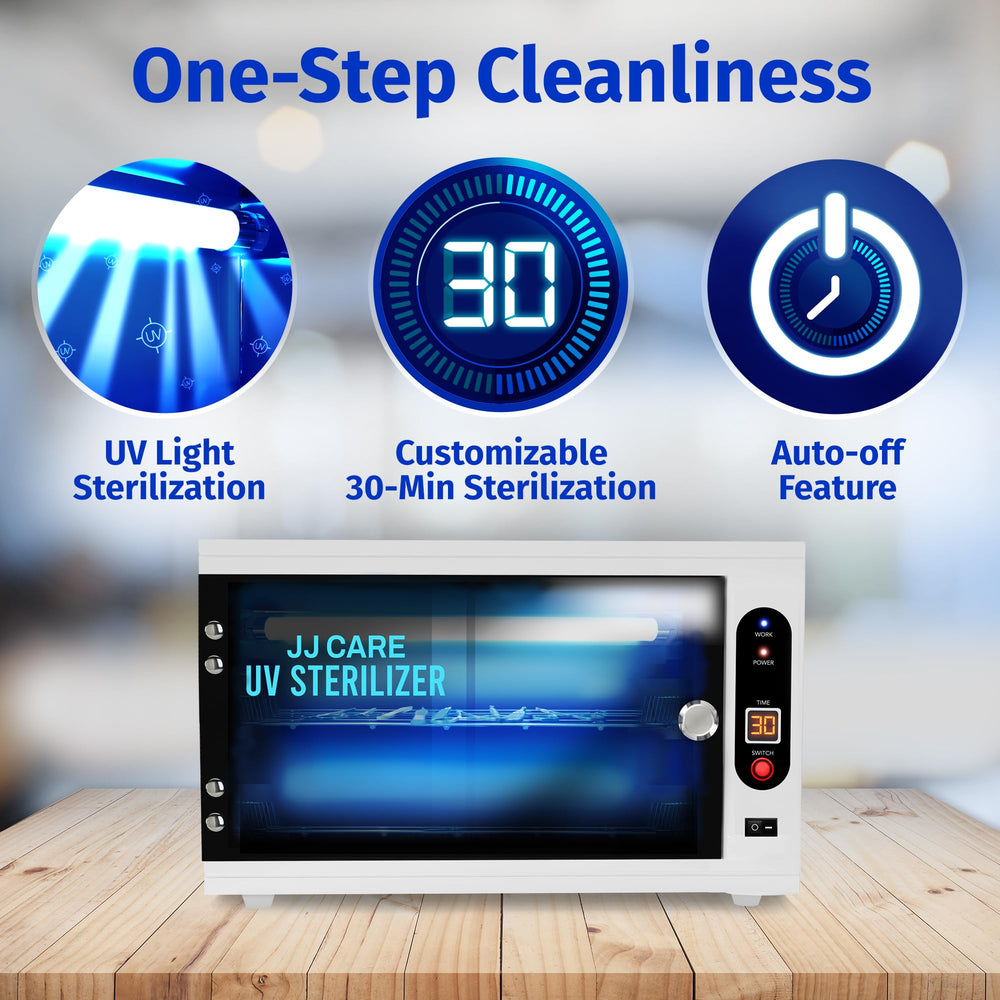 JJ CARE UV sterilizer with open lid and removable trays