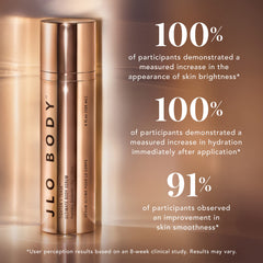 JLO BEAUTY label close-up shows premium ingredients and skin nourishment.