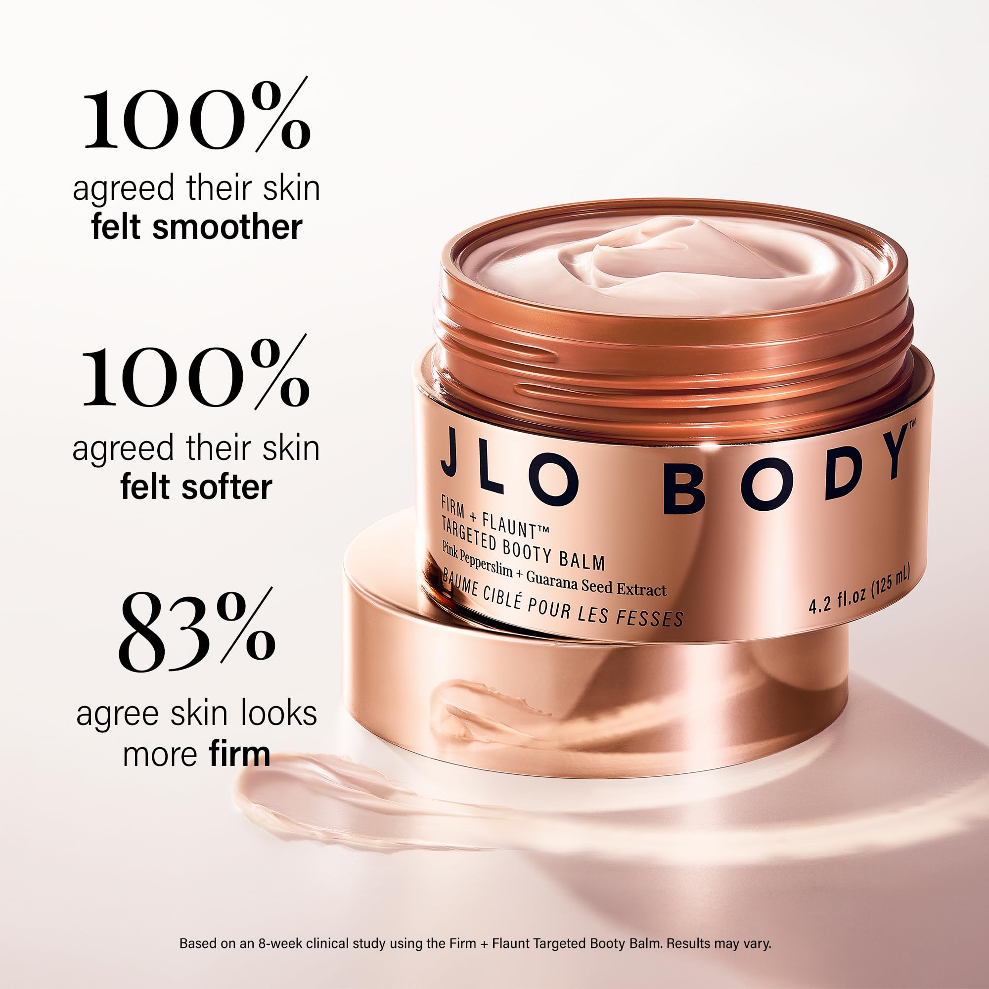 JLO BEAUTY Booty Balm with guarana energizing the skin.