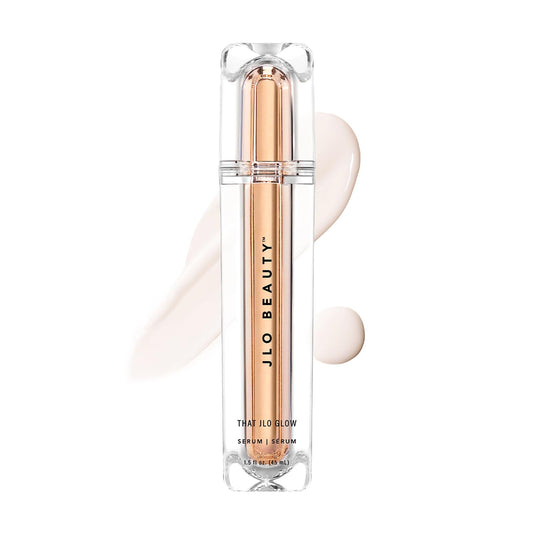 JLO Beauty Brightening Serum bottle glows with premium skincare for radiant daily luminosity.