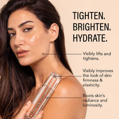 JLO Beauty Brightening Serum texture closeup highlights silky gel, sinking gently for even tone.