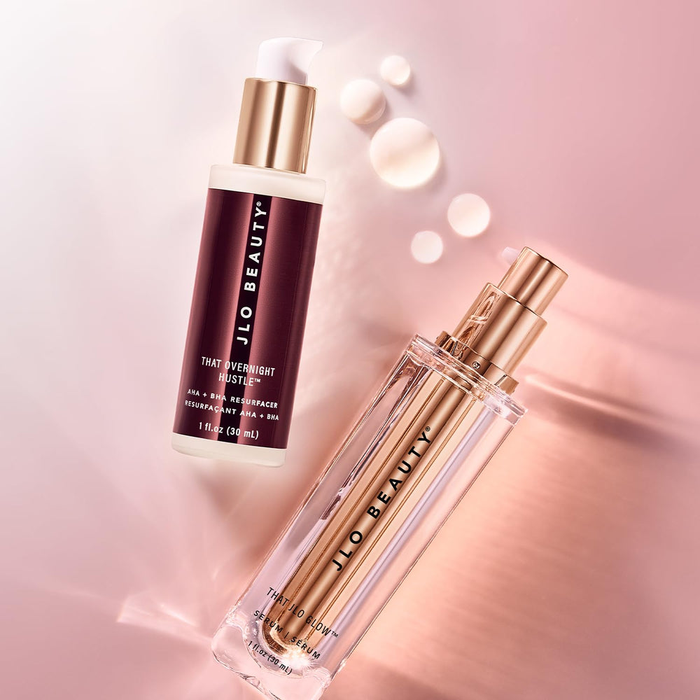 JLO BEAUTY glow-look on vanity captures aspirational daily skincare ritual