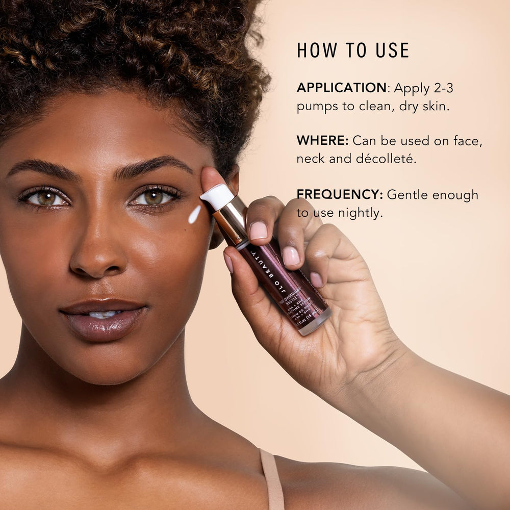 JLO BEAUTY That Overnight Hustle Night Serum bottle demonstrates gentle resurfacing with AHAs and enzymes