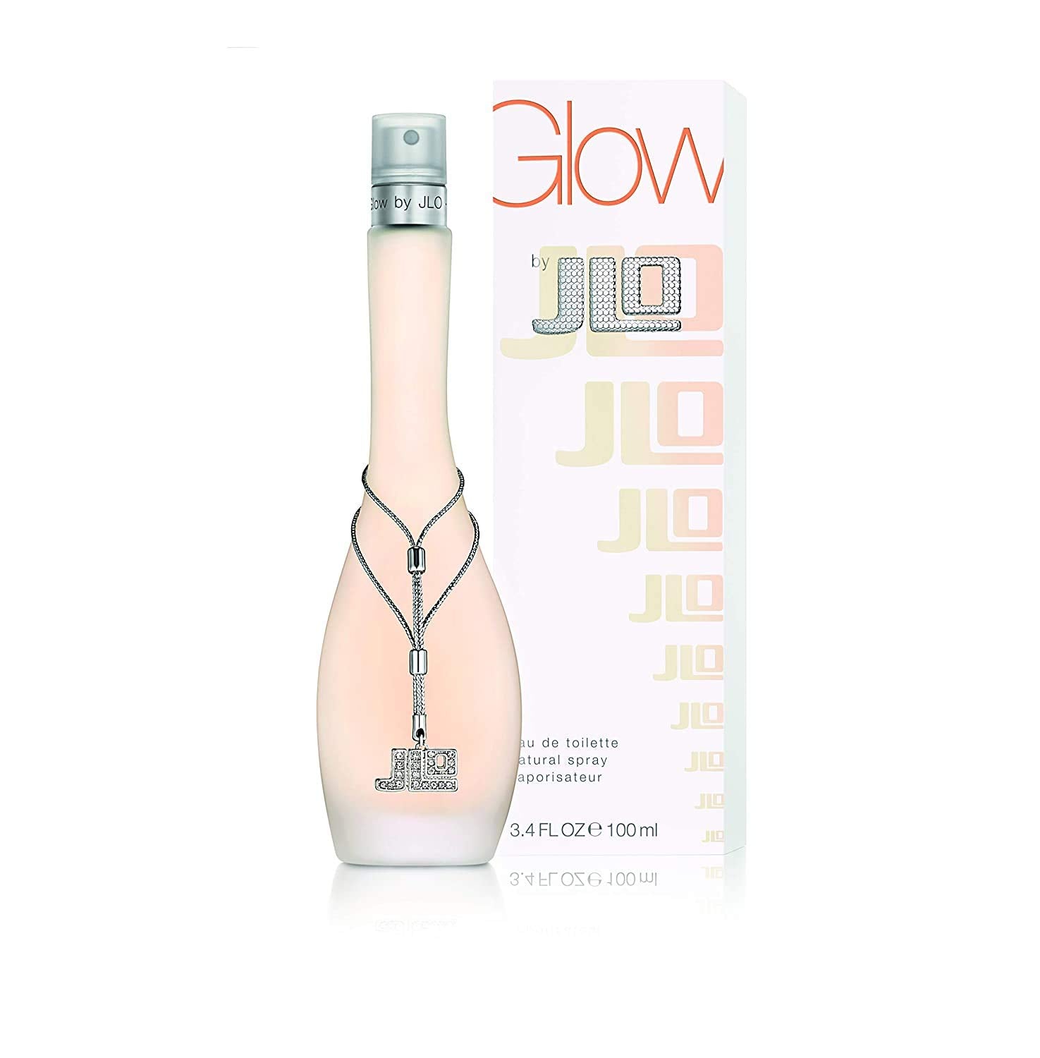 Jennifer Lopez Glow bottle closeup shows shimmering glass and subtle radiance.