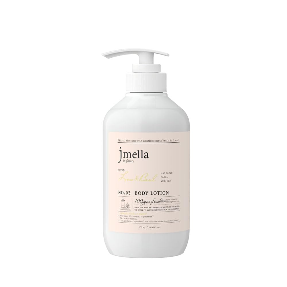 jmella Lime and Basil Body Lotion bottle front, inviting daily hydration with a luxurious scent.