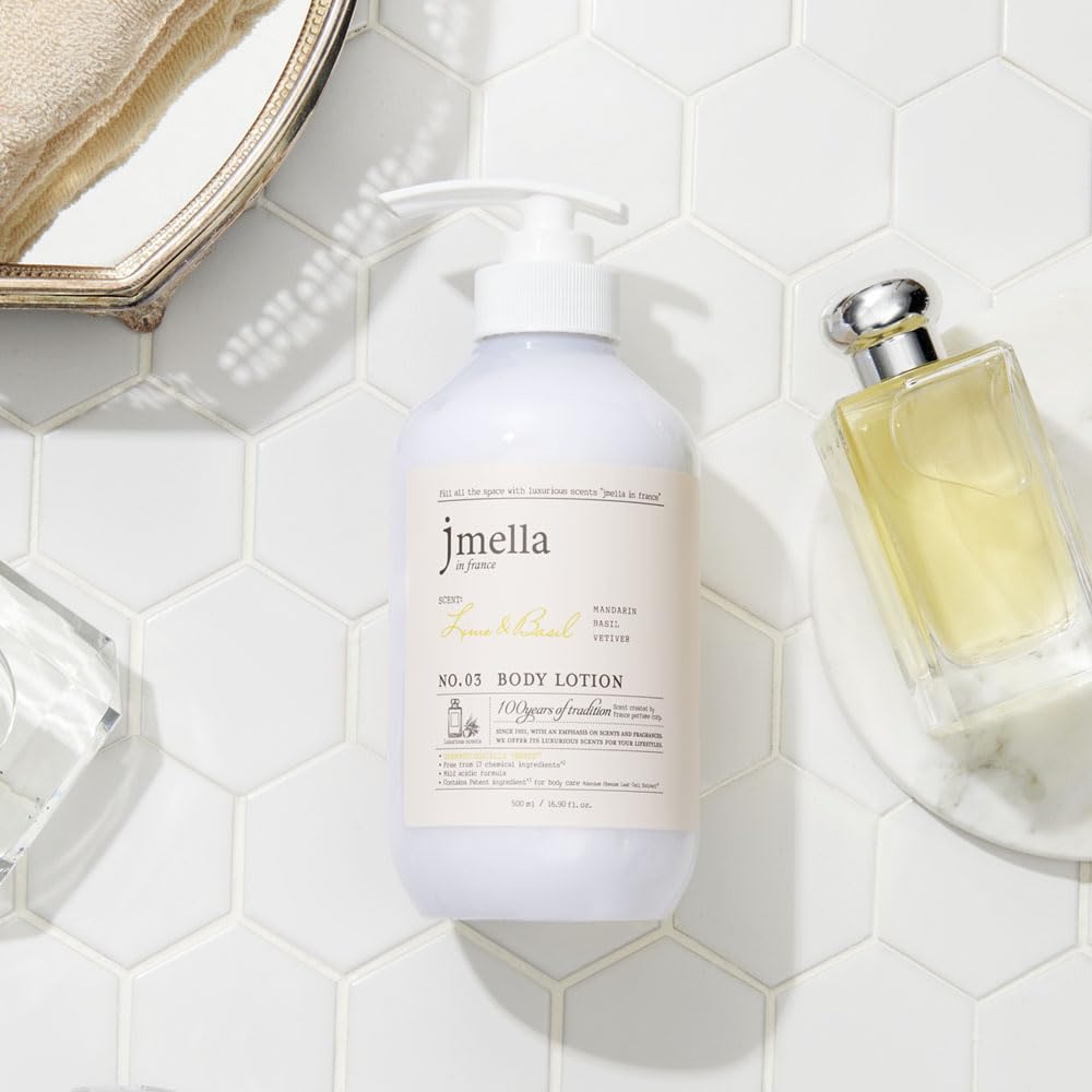 jmella Lime and Basil Body Lotion bottle top close-up showing premium cap.
