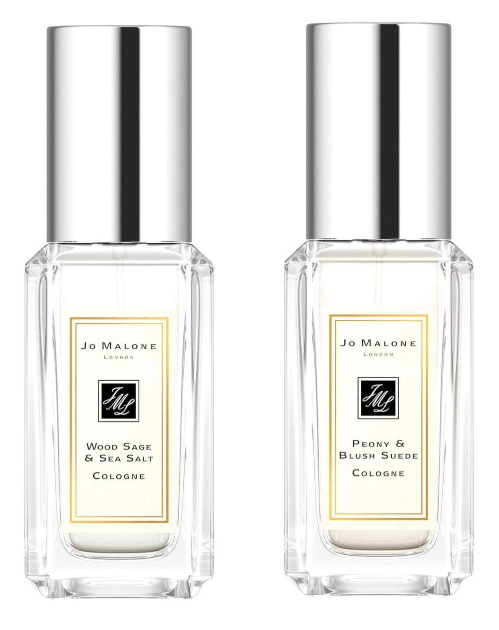 Jo Malone mini bottles: Wood Sage & Sea Salt and Peony & Blush Suede, ideal for testing scents.