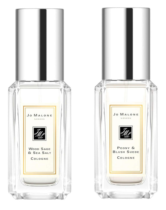 Jo Malone mini bottles: Wood Sage & Sea Salt and Peony & Blush Suede, ideal for testing scents.