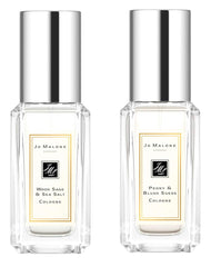 Jo Malone mini bottles: Wood Sage & Sea Salt and Peony & Blush Suede, ideal for testing scents.