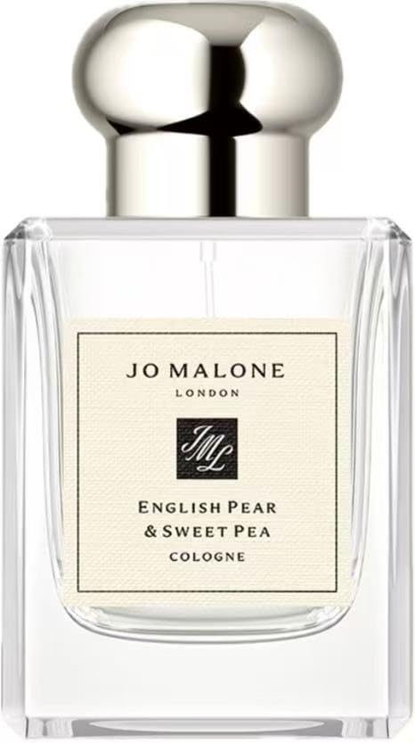 Jo Malone English Pear & Sweet Pea bottle cap and label signaling refined musk base.