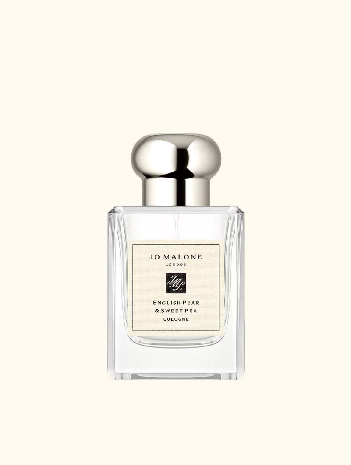 Jo Malone English Pear & Sweet Pea outer packaging in pastel tones evoking spring fragrance.