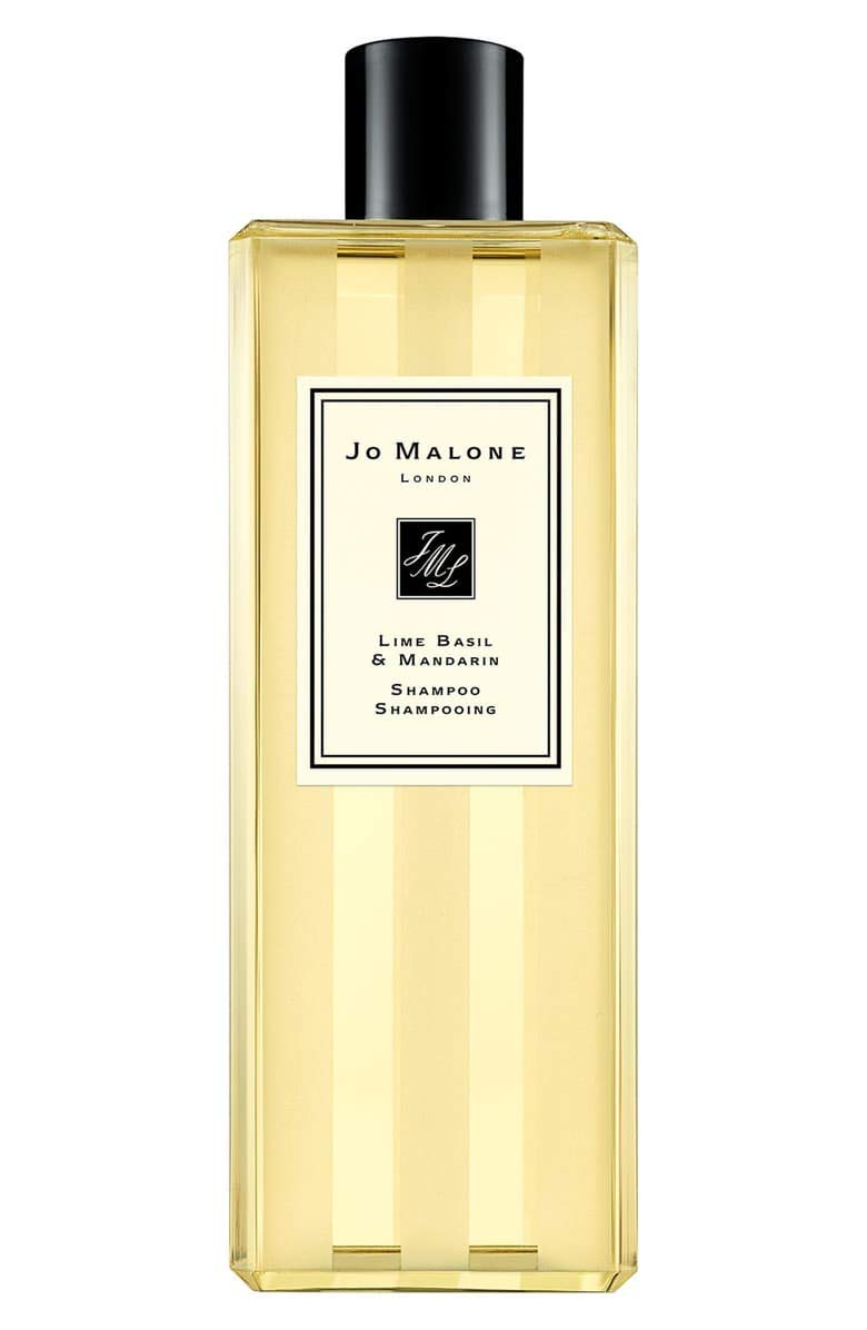 Shampoo bottle: Jo Malone Lime Basil & Mandarin for daily cleansing and gloss.