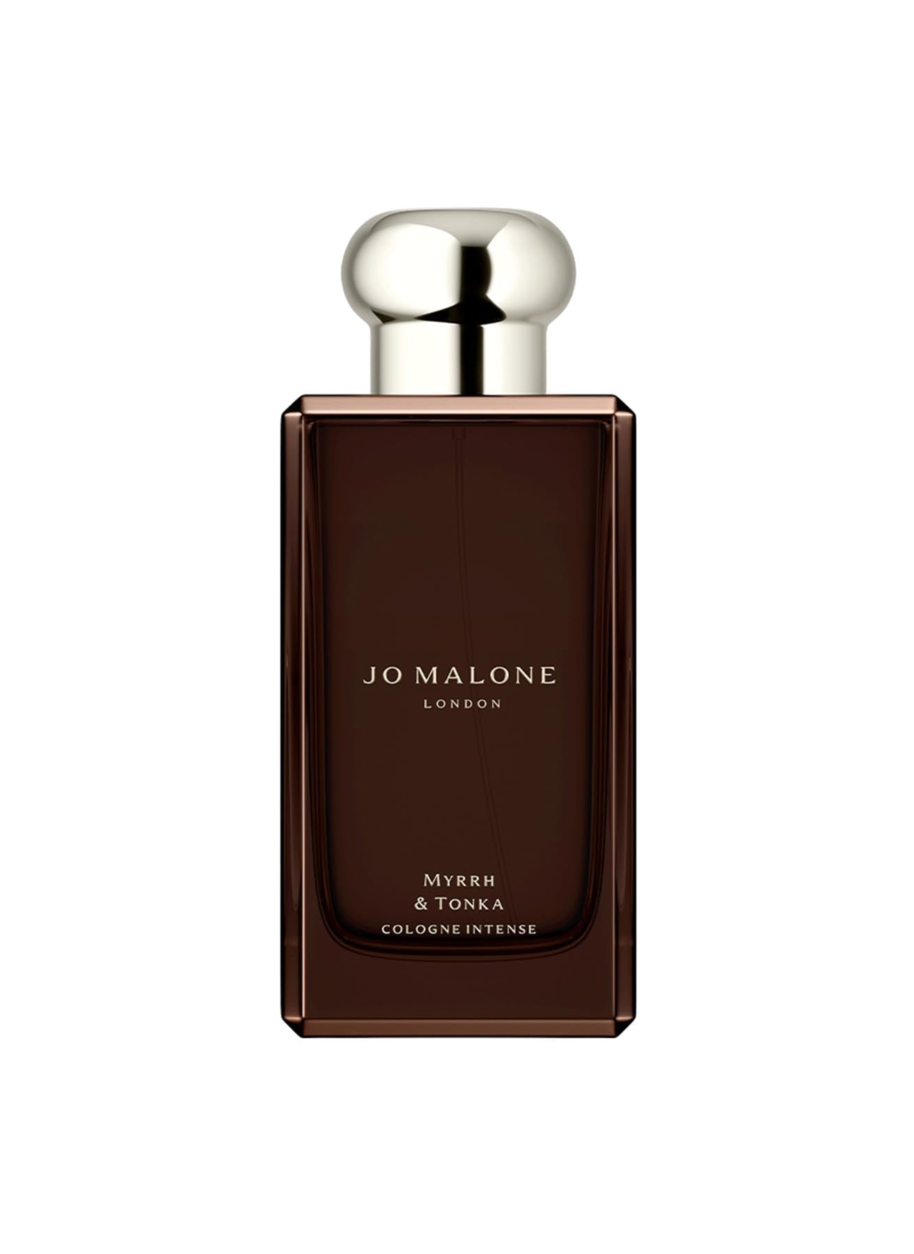 Jo Malone Myrrh & Tonka bottle front view, premium fragrance packaging for a refined evening mood.