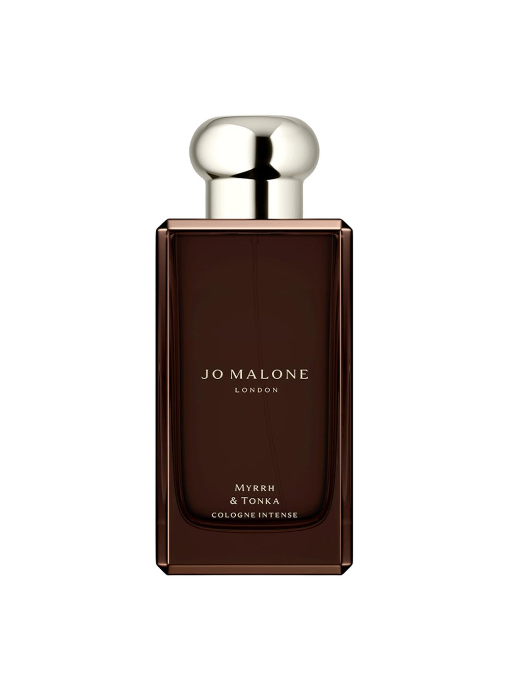 Jo Malone Myrrh & Tonka bottle front view, premium fragrance packaging for a refined evening mood.