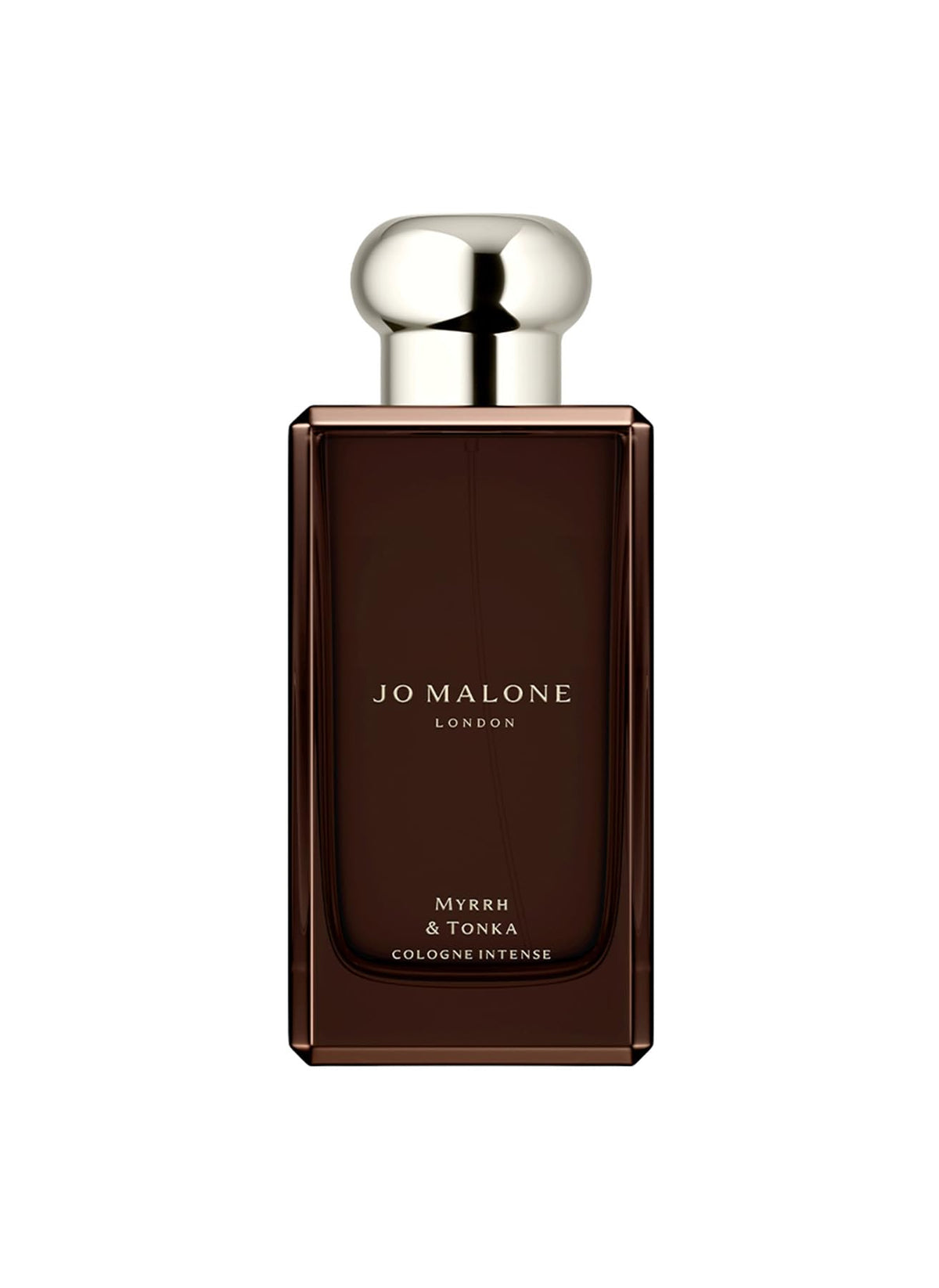 Jo Malone Myrrh & Tonka bottle front view, premium fragrance packaging for a refined evening mood.